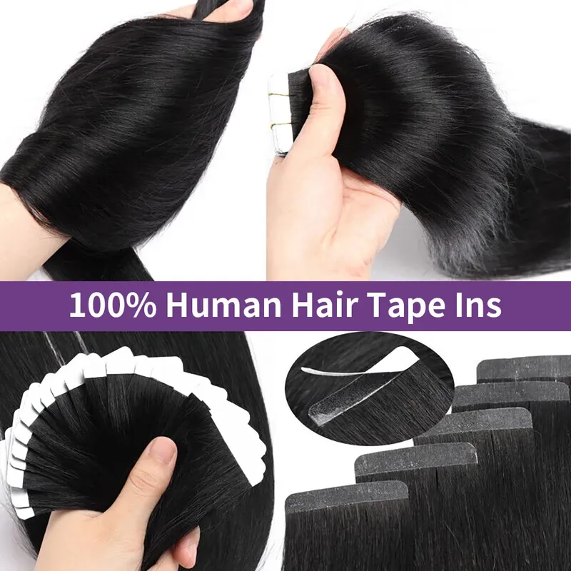 Tape Ins Human Hair Extensions Natural Black 16-26 inch 50G 20Pcs Skin Weft Seamless Invisible Silky Straight Remy Human Hair