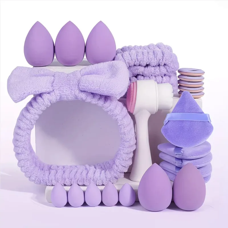 24-piece Beauty and Skincare Set: Face washing headband wristband makeup sponge powder puff and cleansing brush full set