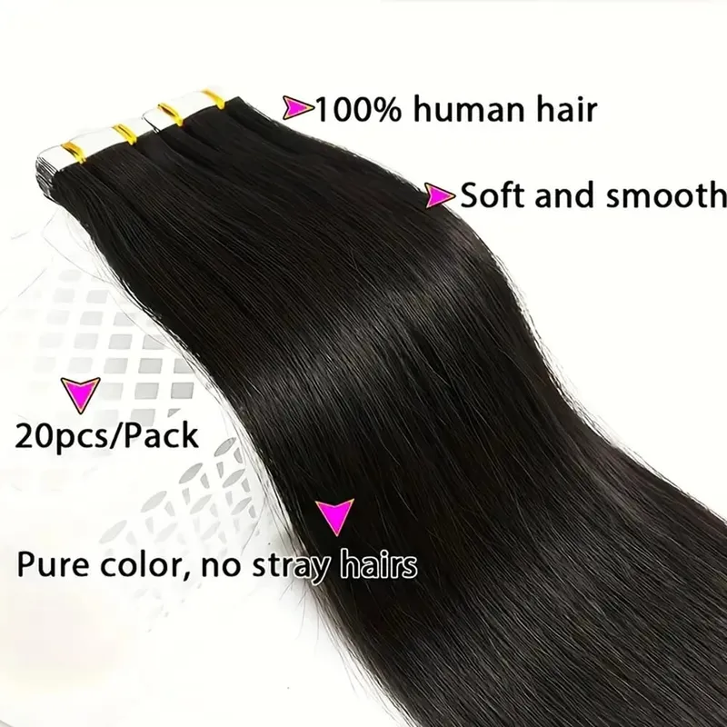 Tape In Hair Extensions Human Hair Straight Natural Black Seamless Weft Skin Extensions 20Pcs 50g/Pack Invisible Tape ins Hair
