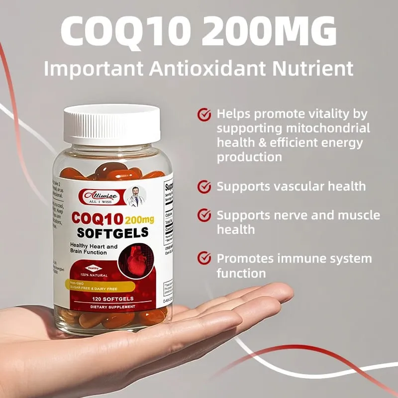 Alliwise Coenzyme Q10 CoQ10 200mg Capsules Antioxidant for Heart Health and Immune Support Energy Production