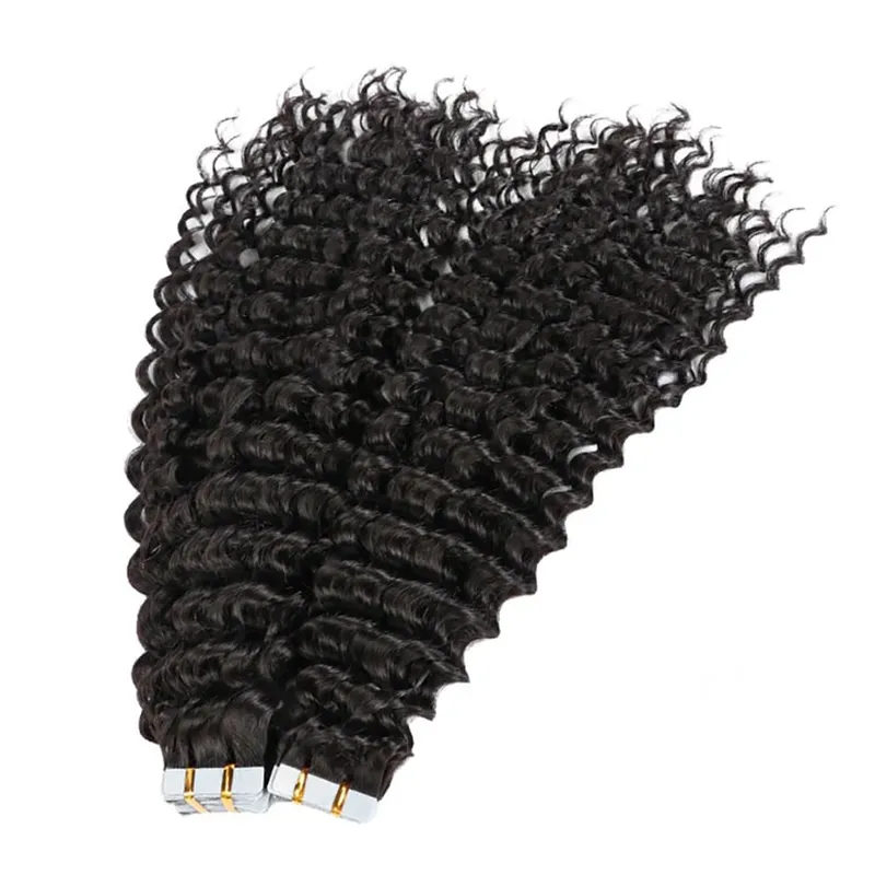 Tape In Hair Extensions Human Hair Deep Curly Tape Ins 20Pcs 50G/Pack Seamless Deep Wave Tape In Human Hair Extensions For Women
