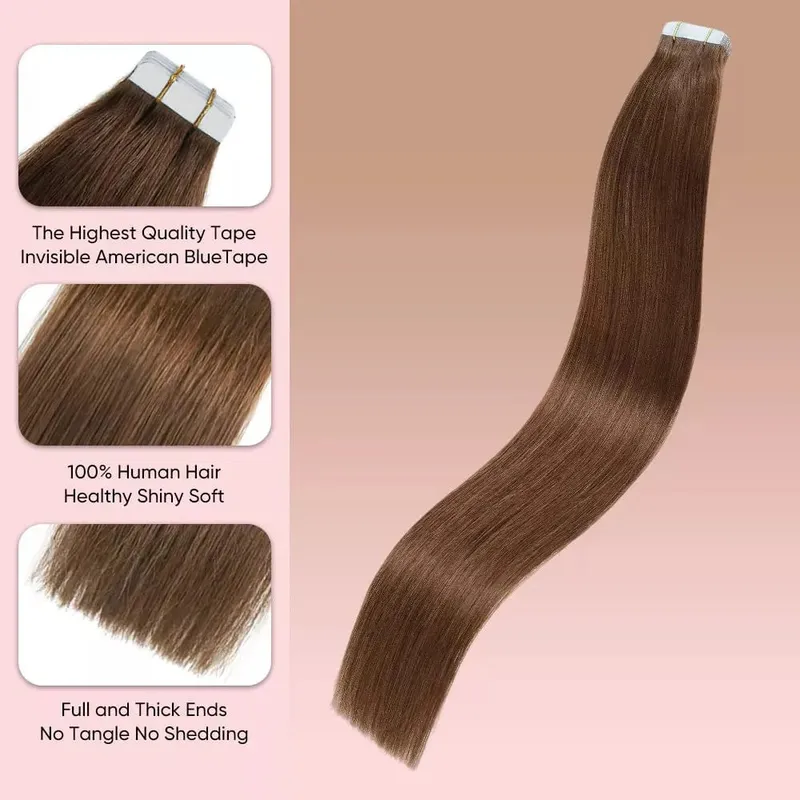Human Hair Extensions Tape in Hair Extensions Invisible Tape in Hair Extensions Chocolate Brown Tape ins Extensions #4 20pcs 50g