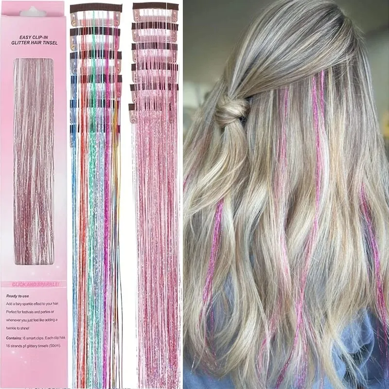 12pcs 20inch Tinsel Hair Extensions Wigs Colorful Shiny Artificial hair extensions Clip in Women Hairpieces for Daily Party Wear