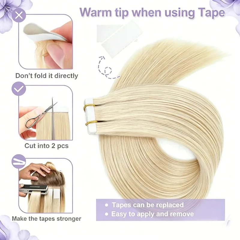 Tape in Hair Extensions Human Hair Bleach Blonde 26 Inch 50g/pack Straight Seamless Skin Weft Tape in Real Human Hair Extension — image 5