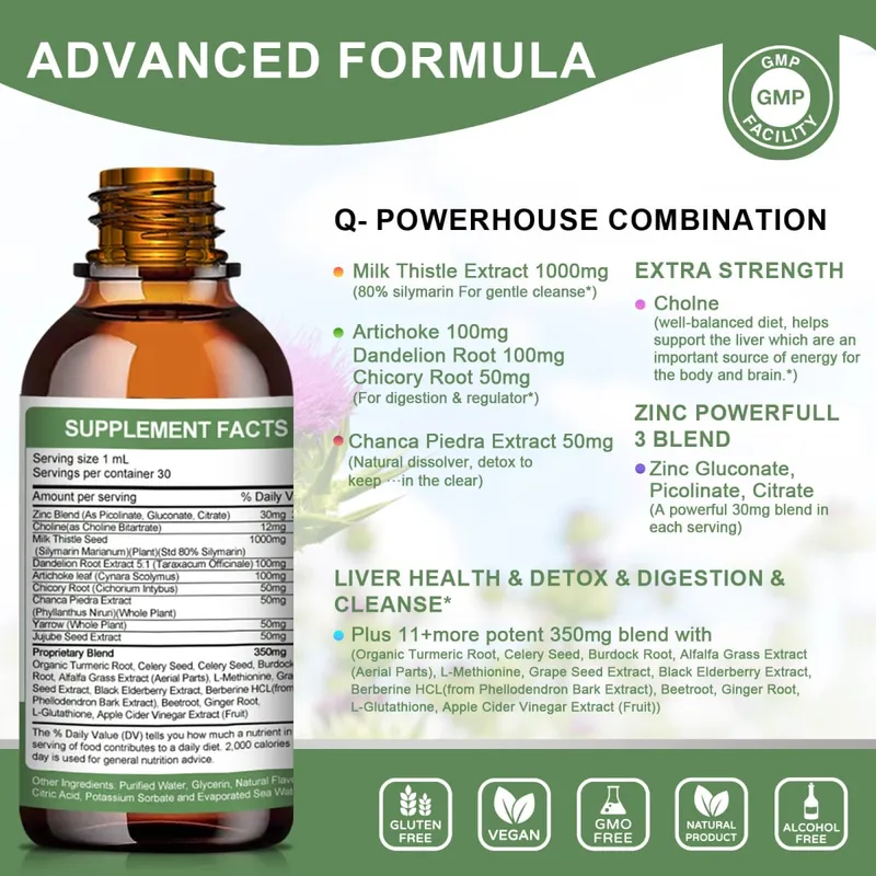 Mulittea Liver Health Drops with Milk Thistle & Artichoke -60ml Herbal Blend with Silymarin Dandelion Turmeric & Berberine for Liver Cleanse Detox Repair & Daily Support