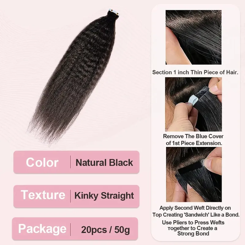 Natural Black Tape in Hair Extensions Real Human Hair Light Yaki Tape ins #1B Yaki Straight