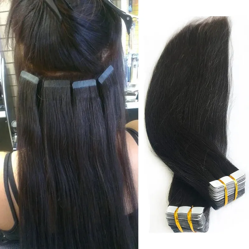 Straight Tape Ins Hair Extensions 50g Natural Black 100% Human Hair Tape In Invisible Glue Seamless Full Head Adhesive 26 Inches — image 2