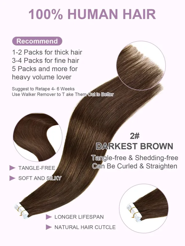 Tape in Hair Extensions Human Hair Invisible Tape in Extensions Dark Brown Hair Extensions Tape in Real Human Hair #2 20pcs 50g