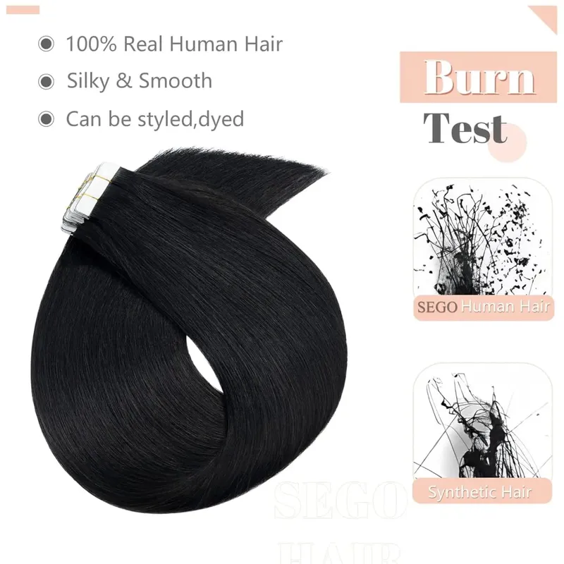 #1B Natural Color Tape in Hair Extensions Human Hair Natural Black Straight Remy Human Hair Extensions — image 5