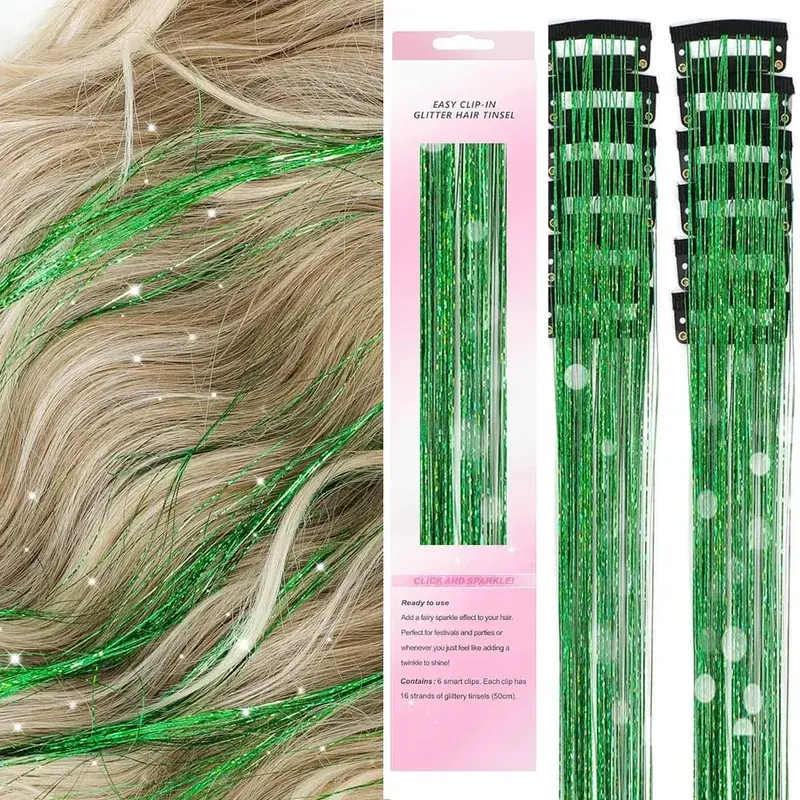 Synthetic 12Pcs Hair Tinsel Clip In Glitter TinselStraight Hair Extensions Tinsel Kit Shiny Hair Accessories For Women