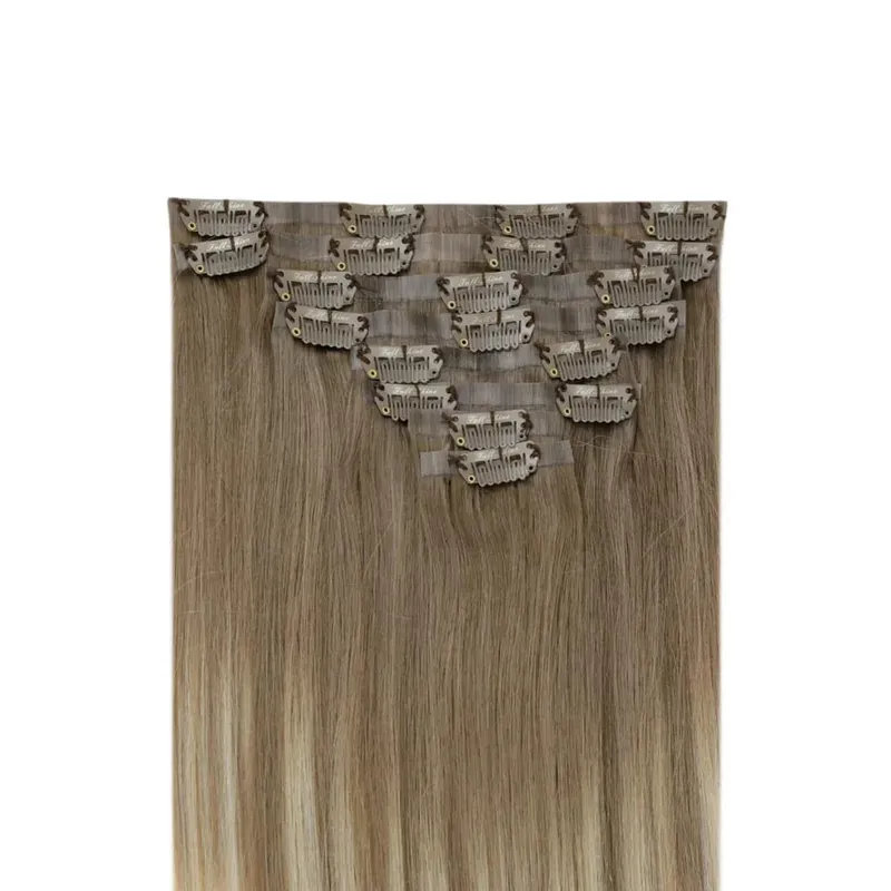 Full Shine Seamless Invisible Clip In Extensions Human Hair 8 τμχ 120g Remy Balayage Ξανθό Χρώμα