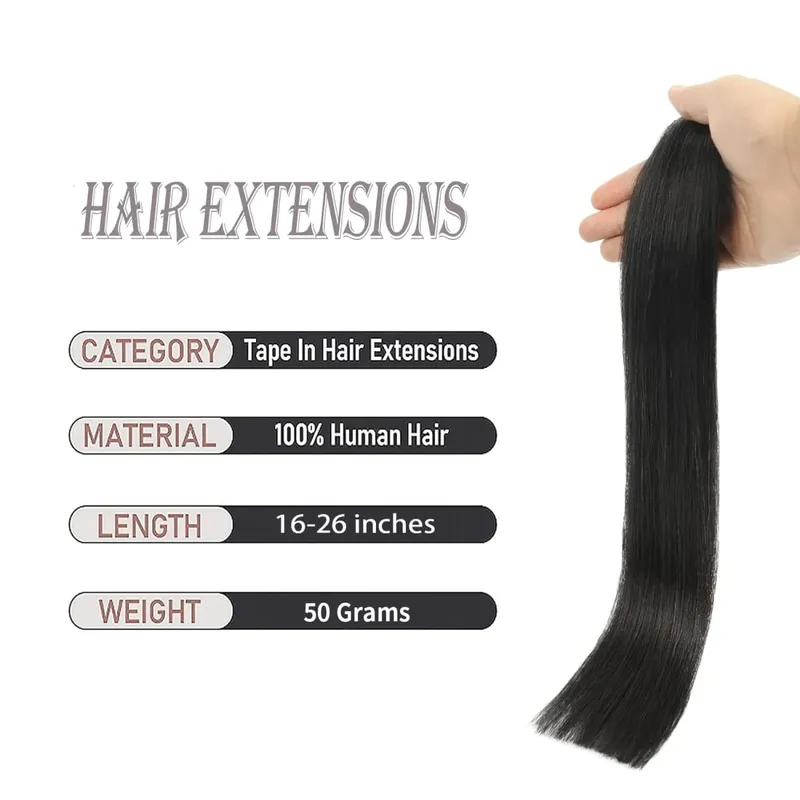 #1B Natural Color Tape in Hair Extensions Human Hair Natural Black Straight Remy Human Hair Extensions — image 6