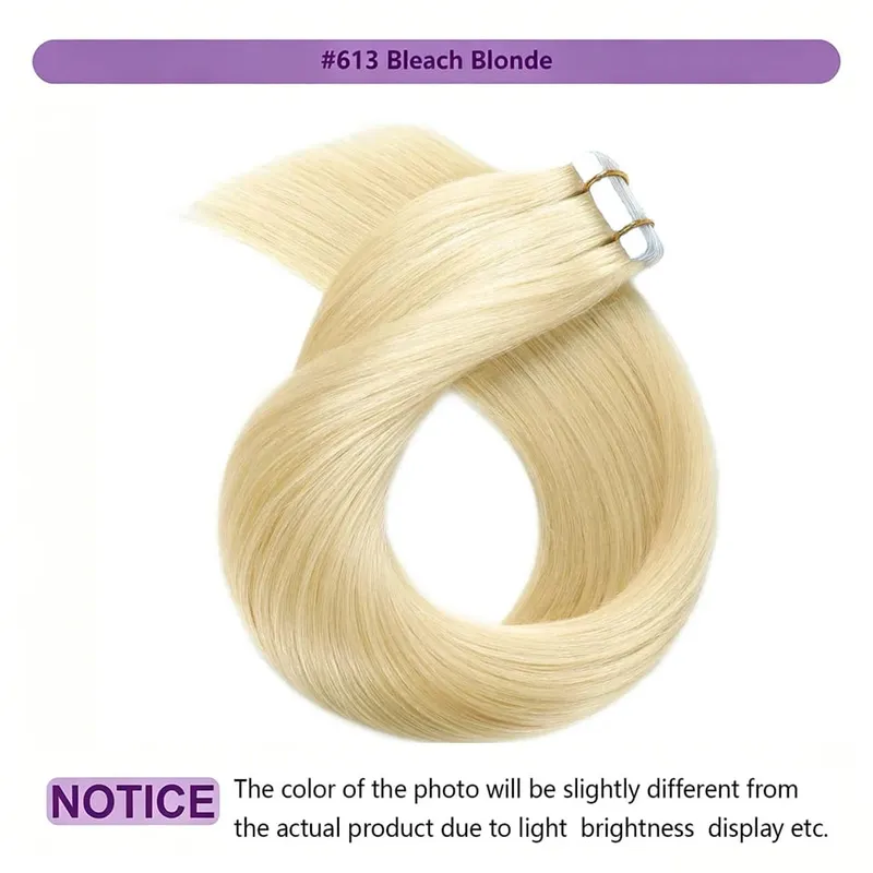 Tape in Hair Extensions Human Hair Bleach Blonde 26 Inch 50g/pack Straight Seamless Skin Weft Tape in Real Human Hair Extension — image 4