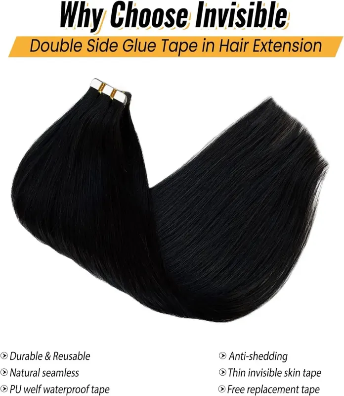 Straight Tape In Hair Extensions Adhesive Invisible Seamless 100% Human Hair 20pcs/50g Replaceable Glue Tape ins Natural Black — image 3