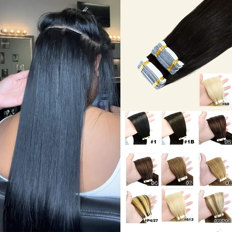 Natural Color Tape In Hair Extensions Human Hair Silk Straight Seamless Invisible Tape 20Pcs for Women Salon High Quality