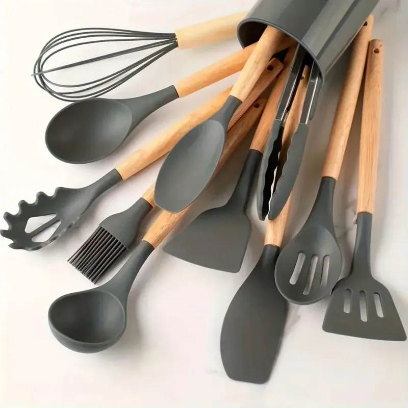 12PCS Silicone Kitchen Utensils Set with Holder - Nonstick Heat Resistant Wooden Handle Cooking Gadgets Set with Spatula Whisk Tongs & Spoon for Home Essentials