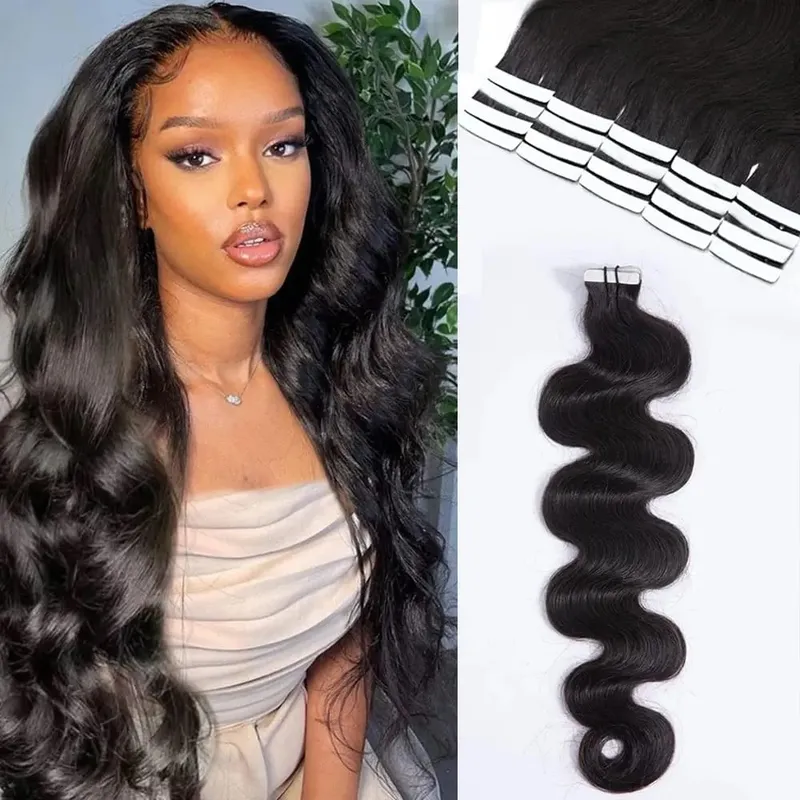 26 Inch Wavy Tape in Body Wave Tape in Hair Extensions 100% Human Hair Seamless Natural Black Hair Extension Full Head #1B