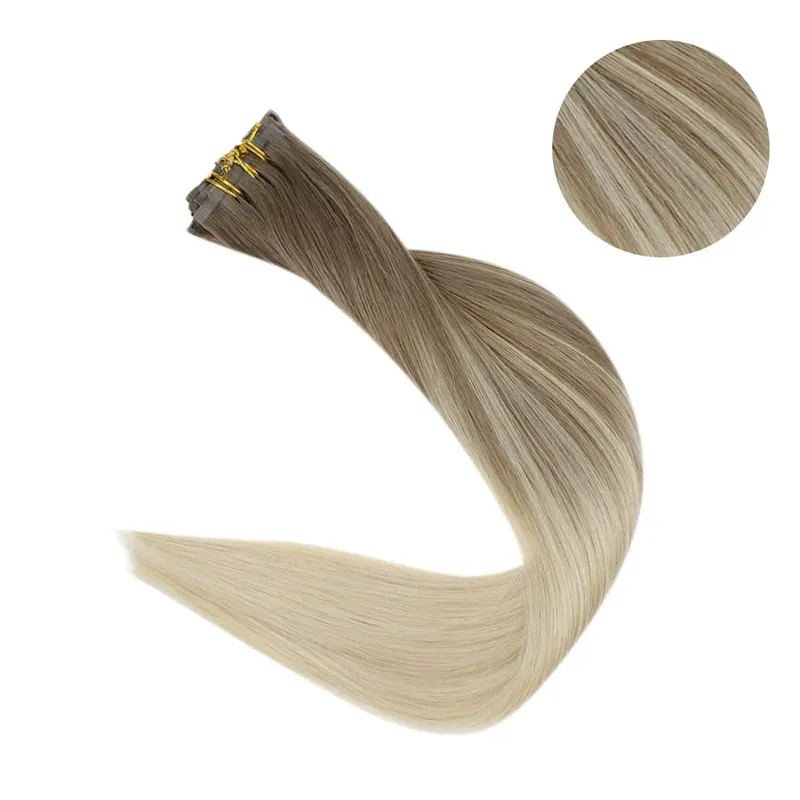 Full Shine Seamless Invisible Clip In Extensions Human Hair 8 τμχ 120g Remy Balayage Ξανθό Χρώμα