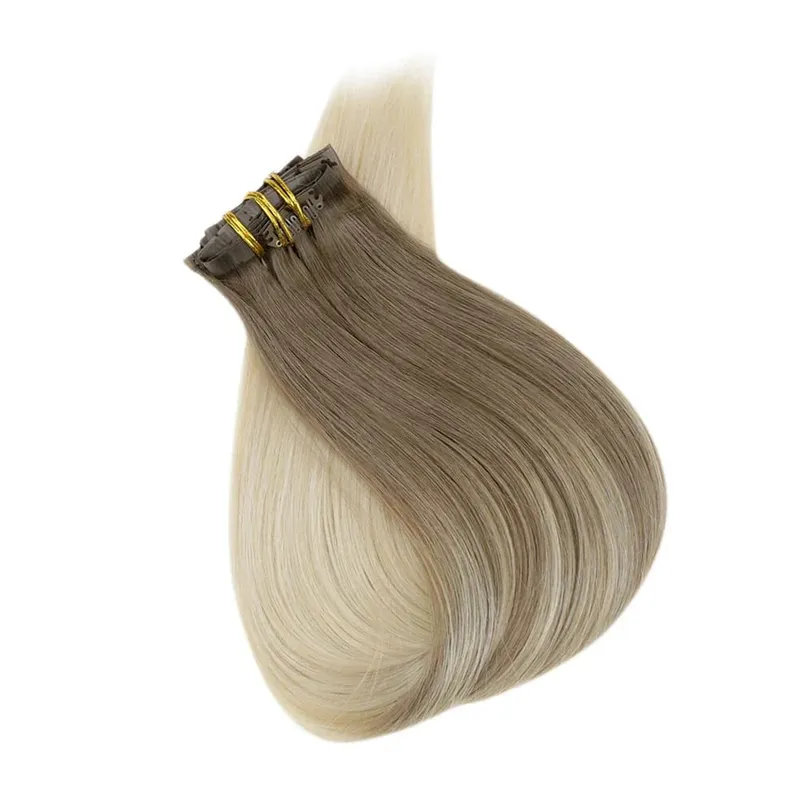 Full Shine Seamless Invisible Clip In Extensions Human Hair 8 τμχ 120g Remy Balayage Ξανθό Χρώμα