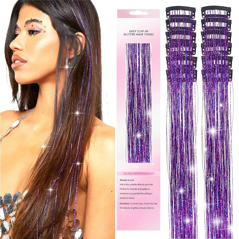 Synthetic 12Pcs Hair Tinsel Clip In Glitter TinselStraight Hair Extensions Tinsel Kit Shiny Hair Accessories For Women