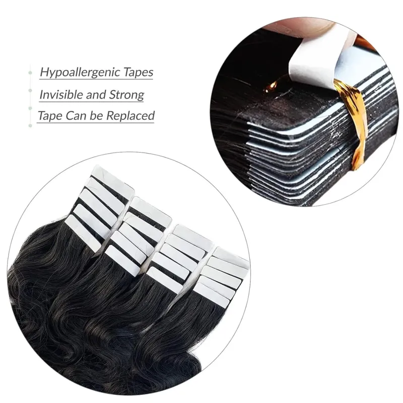 Body Wave Tape In Hair Extensions 50g/20pcs Brazilian 100% Human Hair Wavy Tape Ins Natural Black Adhesive Glue On Extensions