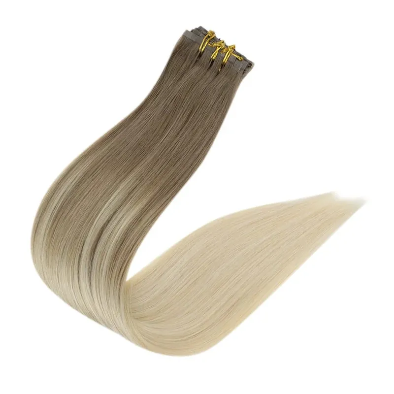 Full Shine Seamless Invisible Clip In Extensions Human Hair 8 τμχ 120g Remy Balayage Ξανθό Χρώμα