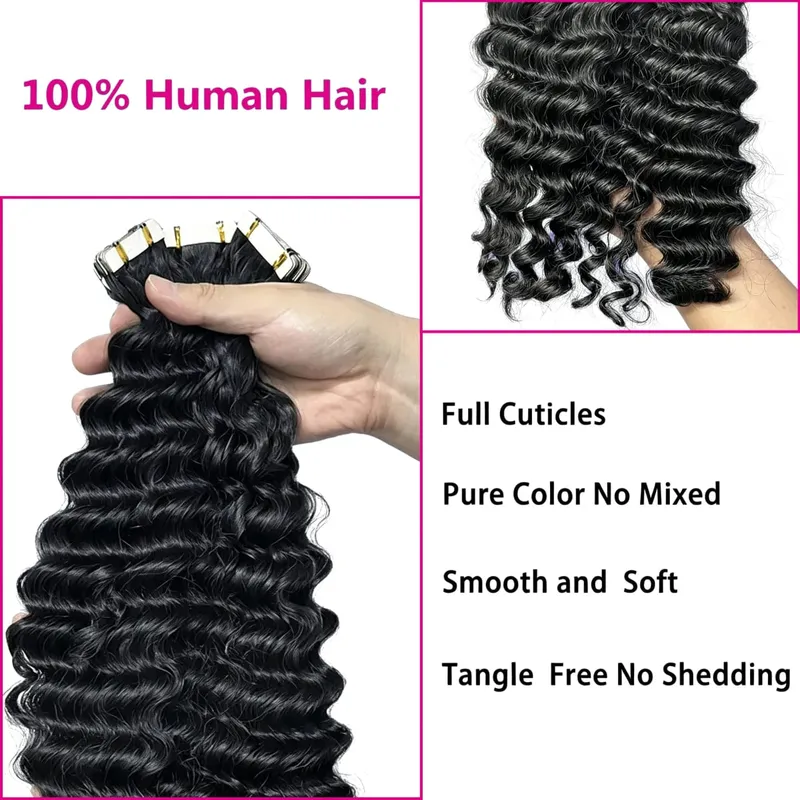 Deep Wave Tape In Hair Extensions Human Hair Skin Weft Seamless Invisible Clip-In And Tape-In Hair Extensions 20Pcs 50G/Pack
