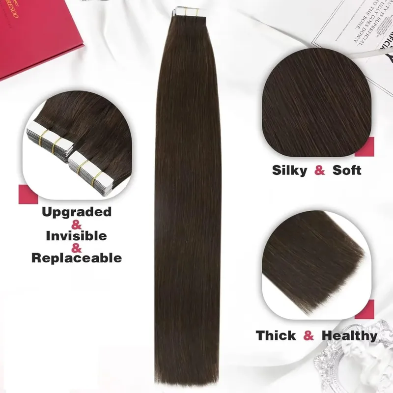 Tape in Hair Extensions Human Hair Invisible Tape in Extensions Dark Brown Hair Extensions Tape in Real Human Hair #2 20pcs 50g