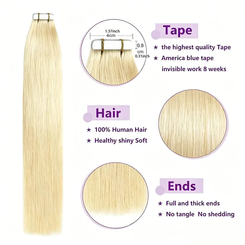 Tape in Hair Extensions Human Hair Bleach Blonde 26 Inch 50g/pack Straight Seamless Skin Weft Tape in Real Human Hair Extension — image 3