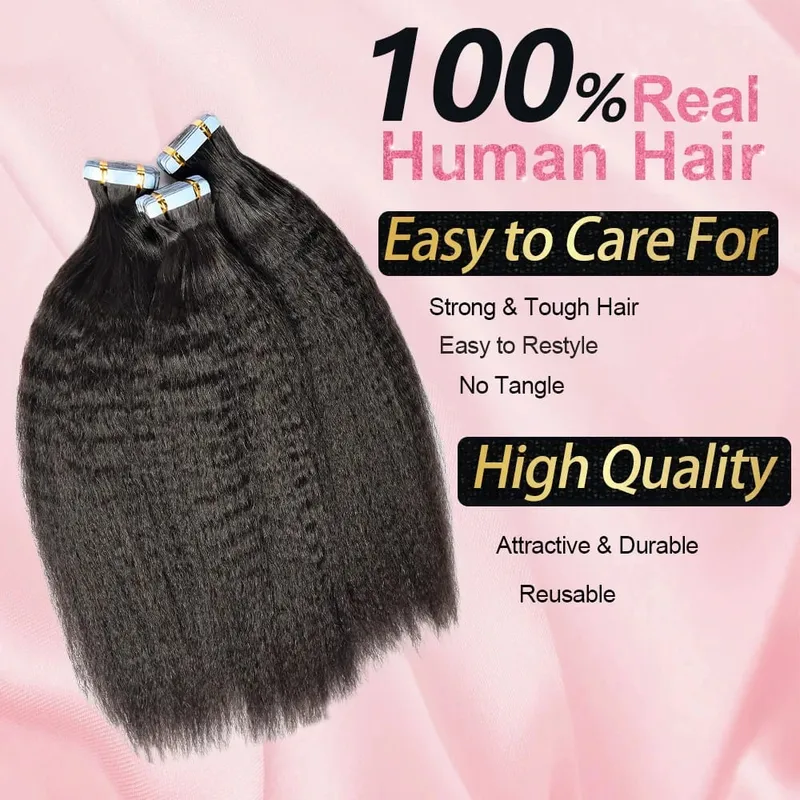 Natural Black Tape in Hair Extensions Real Human Hair Light Yaki Tape ins #1B Yaki Straight