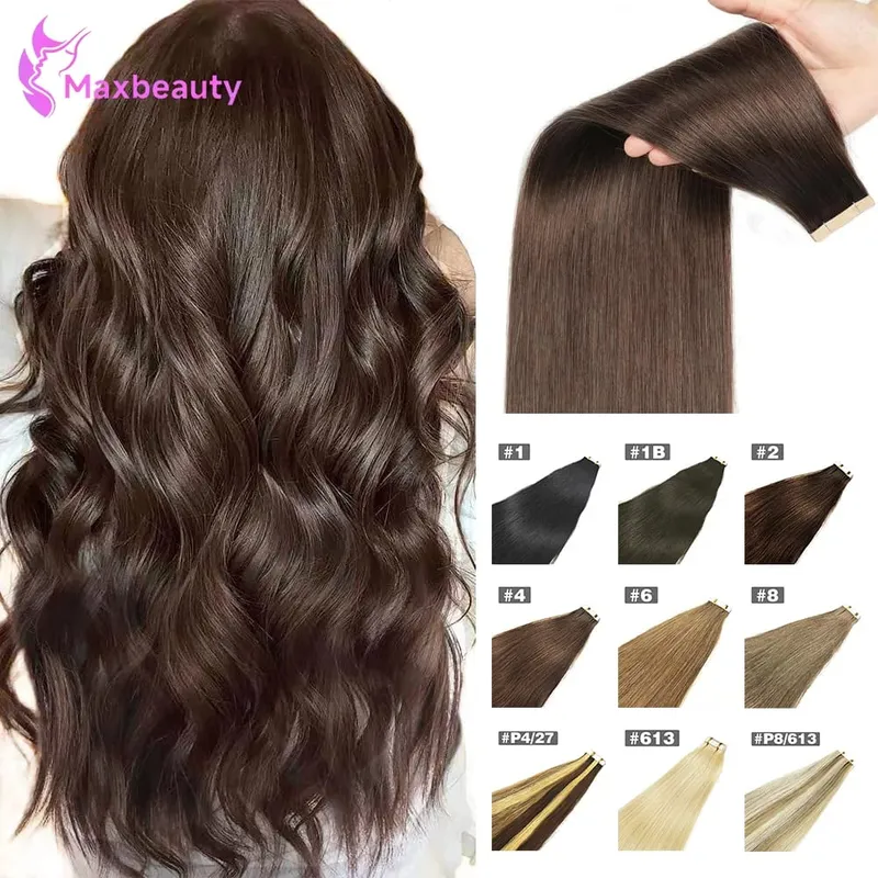 Dark Brown Tape In Hair Extensions Human Hair 20pcs 100% Remy Human Hair Straight Seamless Invisible Tape In Hair Extensions — image 2