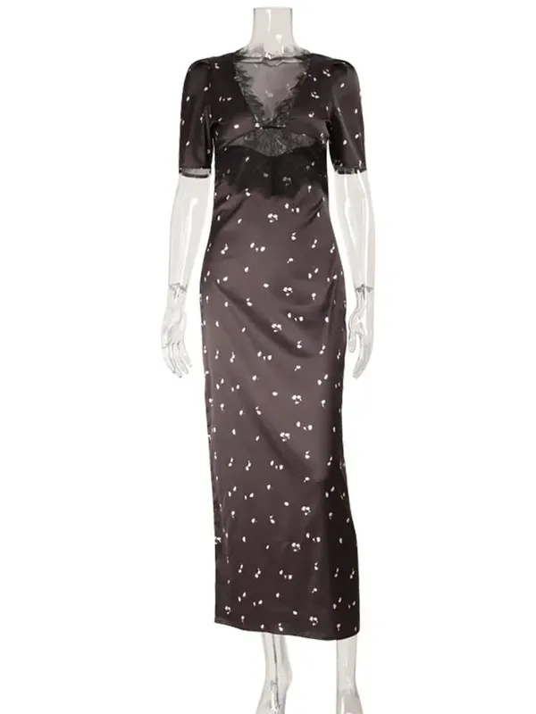 Ahagaga Eelgant Dresses For Women Patchwork Lace Floral V-Neck Short Sleeves Slim Fit Bodycon Trend Sheath Femlae Vestidos Robes — image 6