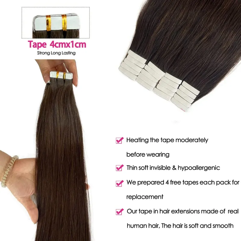 Dark Brown Tape In Hair Extensions Human Hair 20pcs 100% Remy Human Hair Straight Seamless Invisible Tape In Hair Extensions — image 5