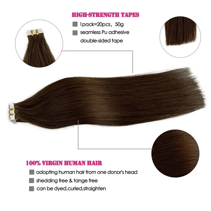 Dark Brown Tape In Hair Extensions Human Hair 20pcs 100% Remy Human Hair Straight Seamless Invisible Tape In Hair Extensions — image 3