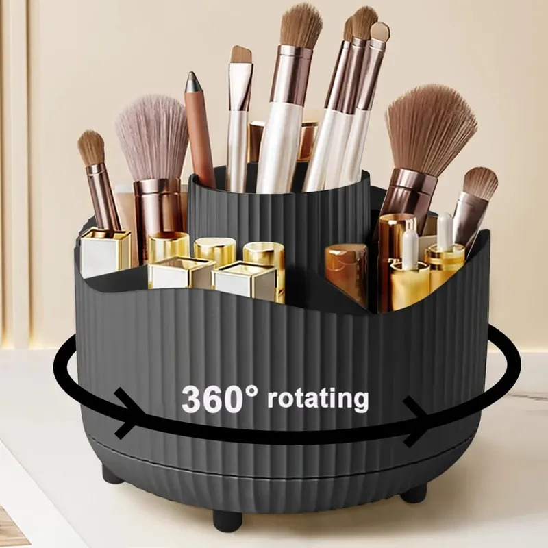 360° Rotating Makeup Organizer Makeup Holder Cosmetic Storage with 5 Compartments Multi-Functional Holder for Brushes Pen