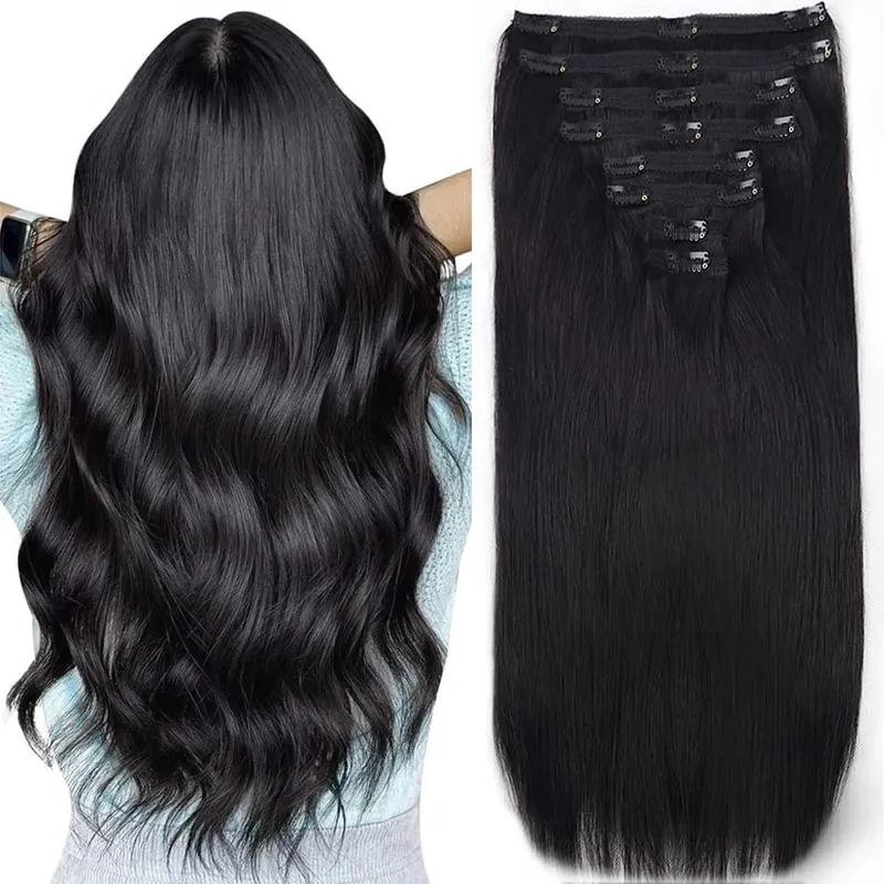 Clip in Hair Extensions Real Human Hair 26 Inch 120g Invisible Seamless Straight Remy Human Hair Clip in Extensions 1B Black