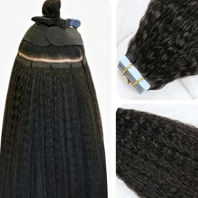 Natural Black Tape in Hair Extensions Real Human Hair Light Yaki Tape ins #1B Yaki Straight