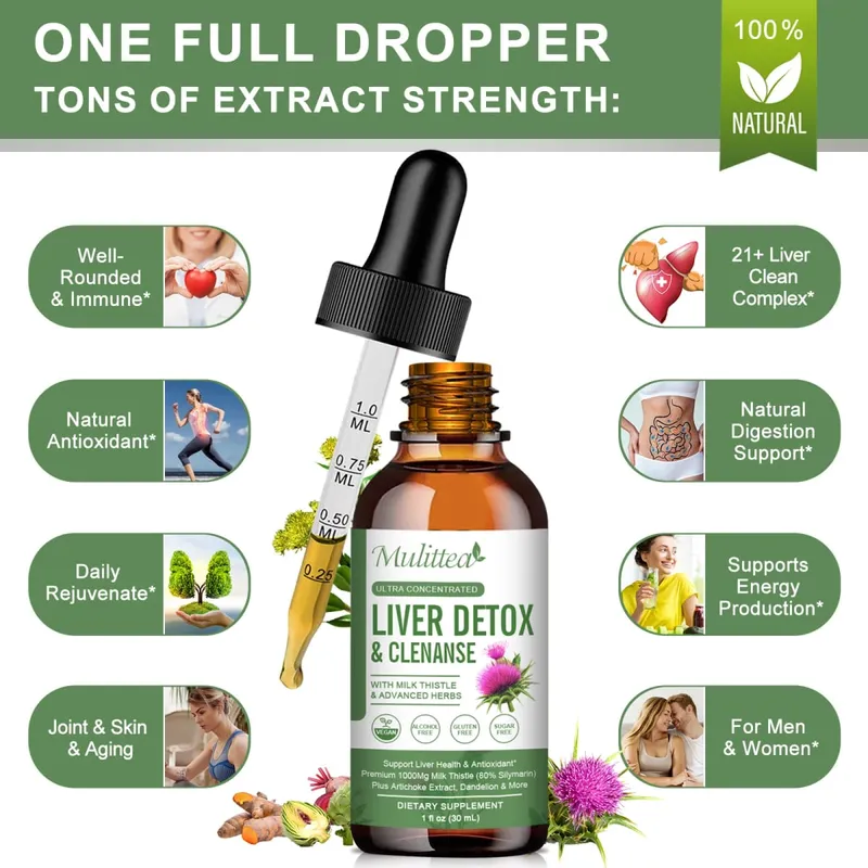 Mulittea Liver Health Drops with Milk Thistle & Artichoke -60ml Herbal Blend with Silymarin Dandelion Turmeric & Berberine for Liver Cleanse Detox Repair & Daily Support