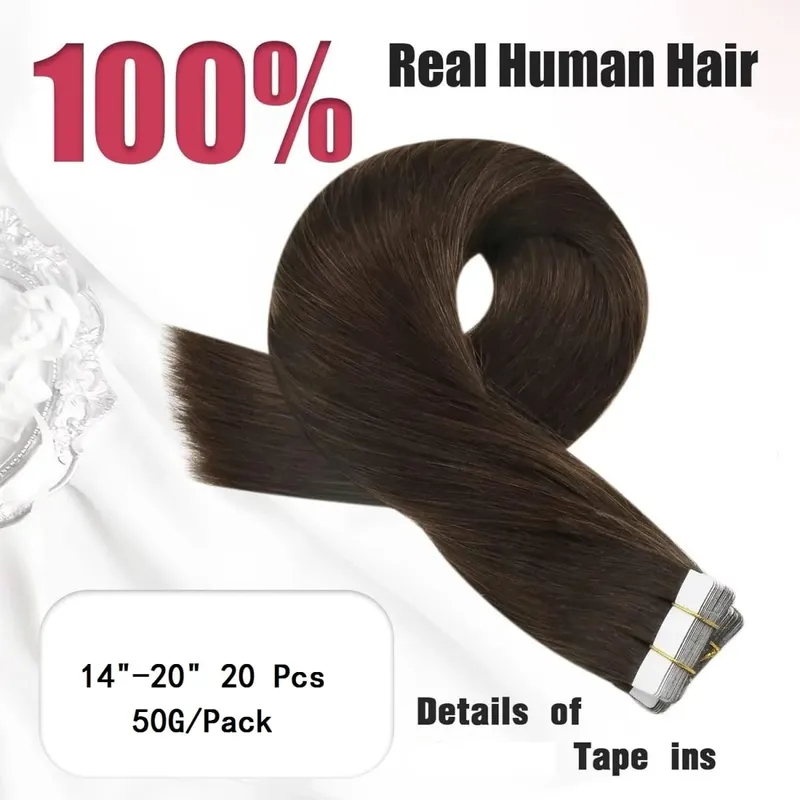 Tape in Hair Extensions Human Hair Invisible Tape in Extensions Dark Brown Hair Extensions Tape in Real Human Hair #2 20pcs 50g