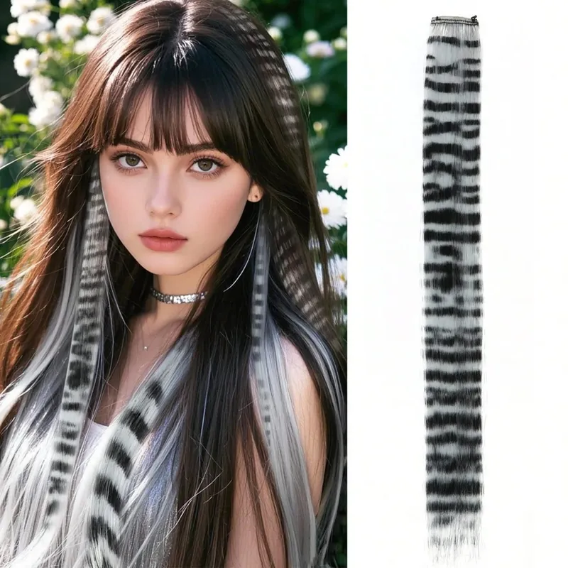 1pc/2pcs/3pcs/4pcs/6pcs/8pcs18" Long Straight Zebra Print Synthetic Feather clip in Hair Extensions Ideal Halloween Christmas