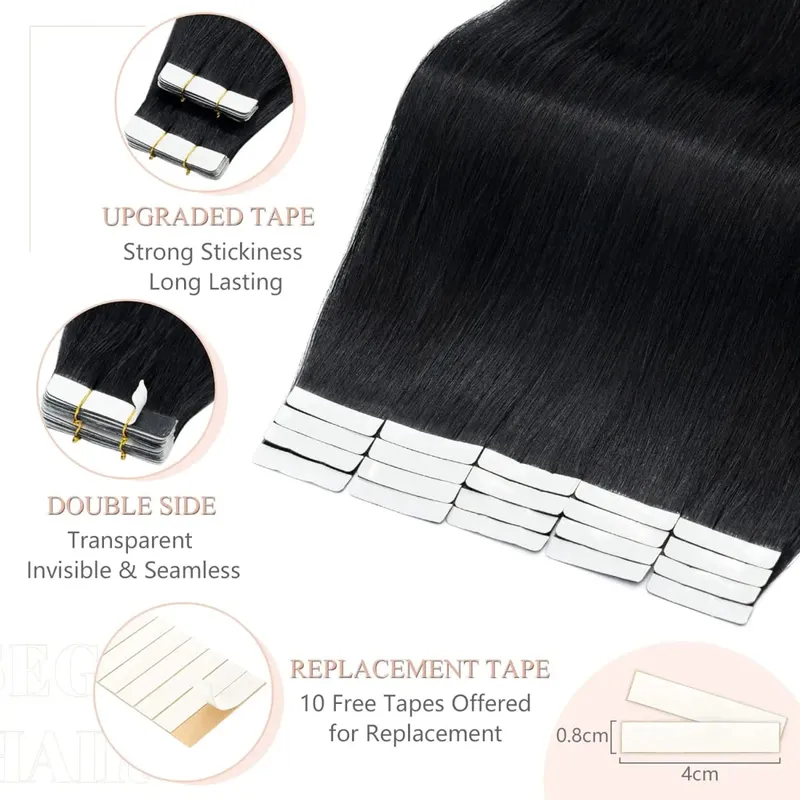 #1B Natural Color Tape in Hair Extensions Human Hair Natural Black Straight Remy Human Hair Extensions — image 3