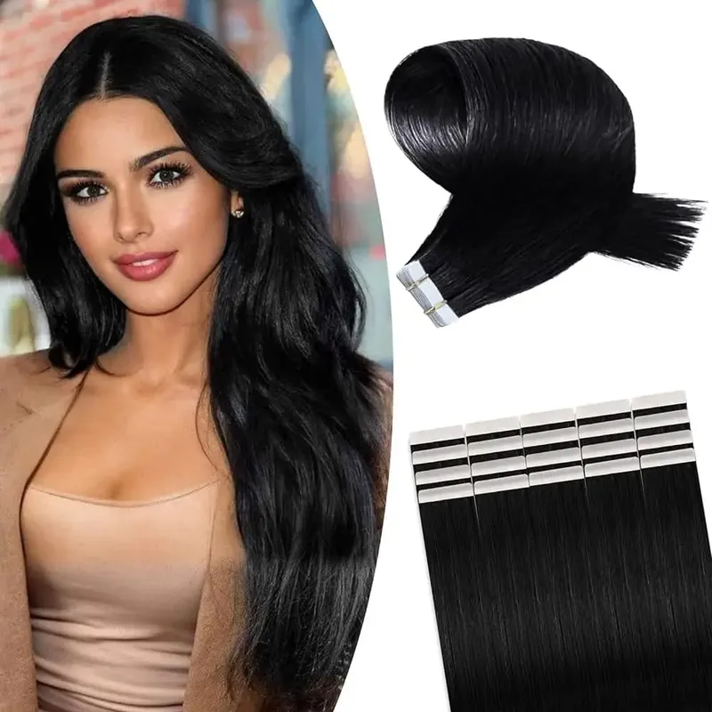 #1B Natural Color Tape in Hair Extensions Human Hair Natural Black Straight Remy Human Hair Extensions