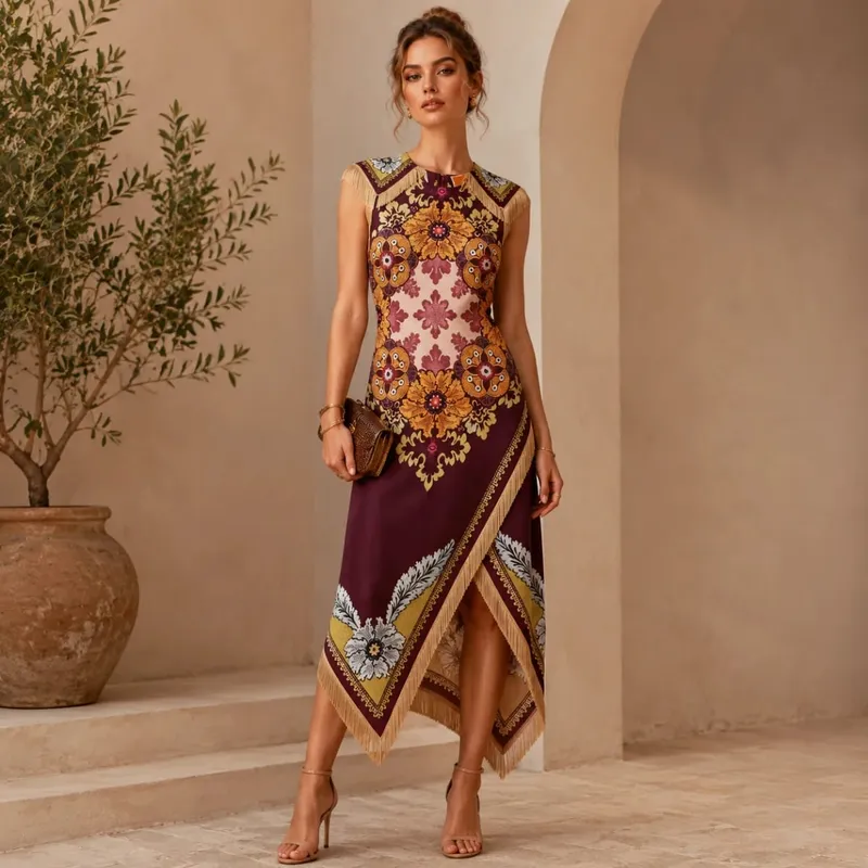 Vintage Bohemian Scarf Print Midi Dress Women Elegant Floral Sleeveless Wrap Dress Summer Asymmetrical Handkerchief Hem Fringe