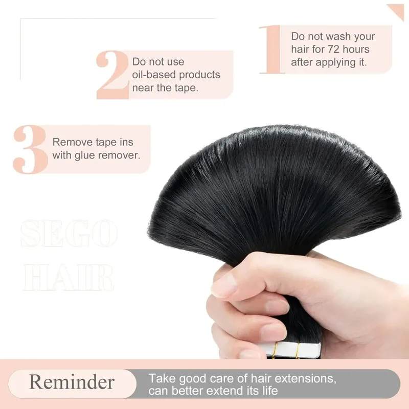 #1B Natural Color Tape in Hair Extensions Human Hair Natural Black Straight Remy Human Hair Extensions — image 4