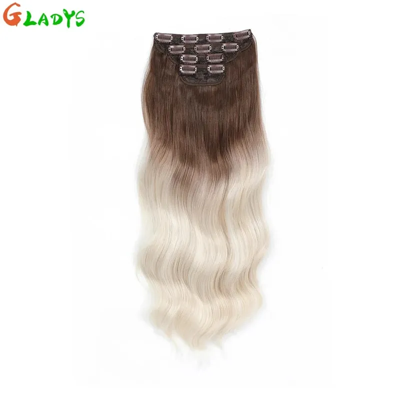 Ombre Clip Ins Synthetic Hair Extensions High Temperature Fiber Body Wave Brown 11 Clip Ins Daily Use Hair Piece Extensions