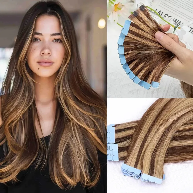 Brown Blonde Mini Tape in Human Hair Extensions Double Side Seamless Natural Straight Black Tape Ins Hair Extensions 10pcs/set