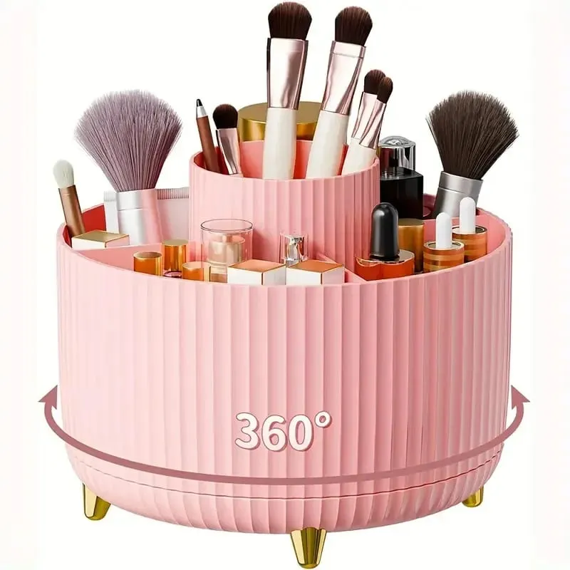 360° Rotating Makeup Organizer Makeup Holder Cosmetic Storage with 5 Compartments Multi-Functional Holder for Brushes Pen