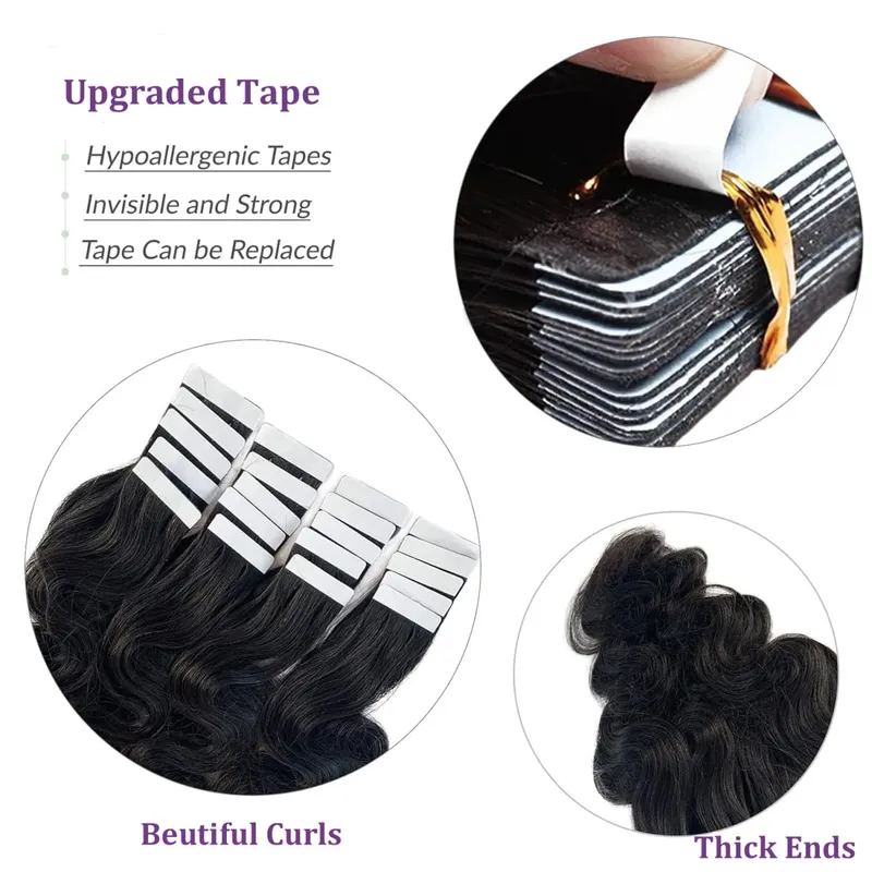 Body Wave Tape In Human Hair Extensions 20Pcs/Pack Seamless Skin Weft Tape Ins 100% Human Hair Wavy Tape In Hair Extensions