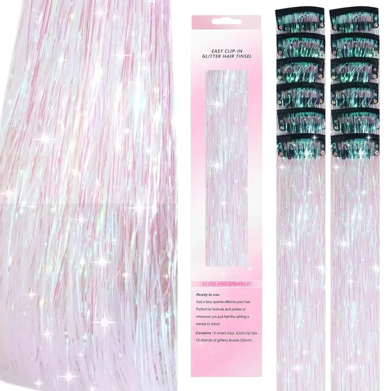 Synthetic 12Pcs Hair Tinsel Clip In Glitter TinselStraight Hair Extensions Tinsel Kit Shiny Hair Accessories For Women