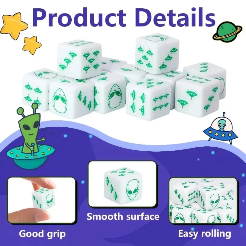 12Pcs Alien Theme D6 Dice Set Dice for Board Games Role Playing Dungeons and Dragons Party Supplies Gift for Adults Family